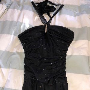 Sparkly black ruched halter dress with asymmetrical hem